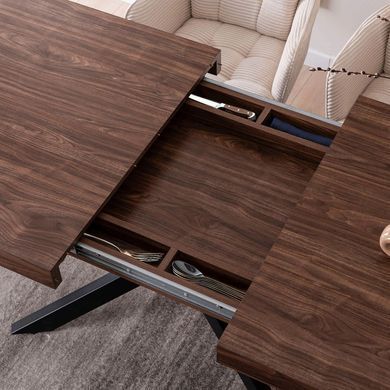 Комплект стіл MEBEL ELITE HAMPTON 160(240)х90 см, горіх/чорний та 4 кремових стільців AKITA фотографія