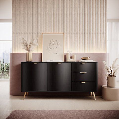 Комод Perfect Home Ланте/Lante 2-дверный с 3 ящиками и золотыми ножками 2D3S/163 Черный фотография