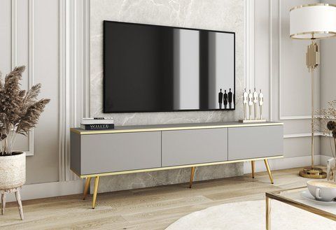 Тумба під телевізор Perfect Home Оро / Oro 3-дверна з золотими ніжками RTV175 Сірий фотографія