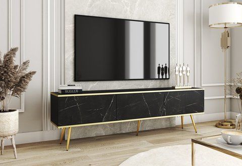 Тумба під телевізор Perfect Home Оро / Oro 3-дверна з золотими ніжками RTV175 Чорний мармур роял фотографія