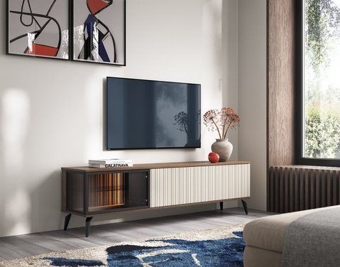 Тумба під ТВ з підсвіткою Вічі / Vici RTV180 3-дверна Горіх/кашемір Perfect Home Поьлща фотографія