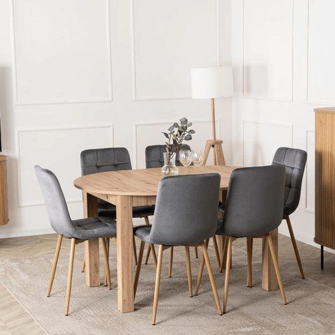 Комплект стіл MEBEL ELITE HARRY 102(142)х102 см,, дубовий ремісник, та 6 стільців FREDY, сірого кольору фотографія