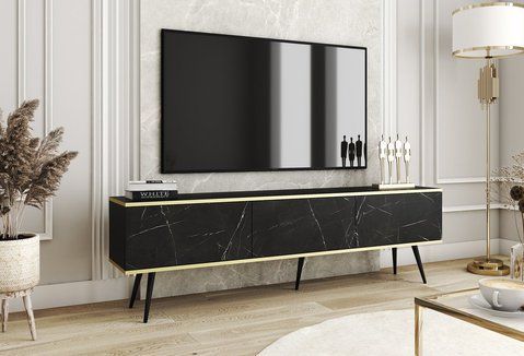 Тумба під телевізор Perfect Home Оро / Oro 3-дверна з чорними ніжками RTV175 Чорний мармур роял фотографія