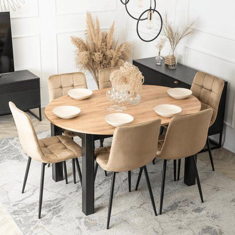 Комплект стол MEBEL ELITE HARRY 102(142)х102 см, дубовый/черный, и 6 стульев PERU беж фотография