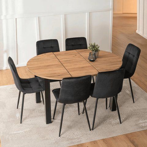 Комплект стола MEBEL ELITE HARRY 102(142)х102 см дуб Craft/черный, и 6 черных стульев PERU фотография