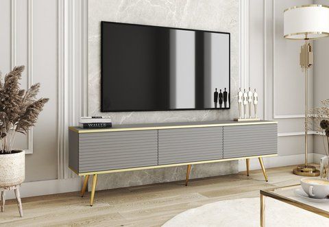 Тумба під телевізор Perfect Home Оро / Oro 3-дверна з золотими ніжками RTV175 MDF Сірий фотографія