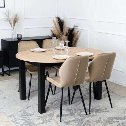 Комплект стол раскладной MEBEL ELITE HARRY 102(142)х102 см Дуб Артизан/ Черный +4 стула LILAC Беж фотография