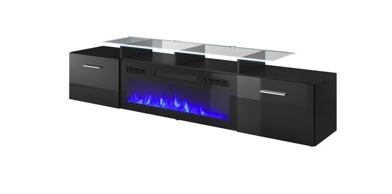 ТВ Тумба з Каміном ROVA RTV Cama 190 Чорний Мат / Чорний Глянець фотографія