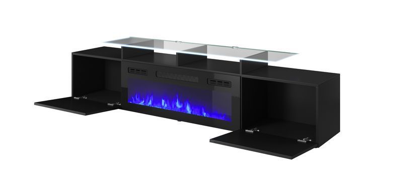 ТВ Тумба з Каміном ROVA RTV Cama 190 Чорний Мат / Чорний Глянець фотографія
