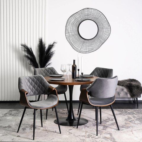Комплект стол MEBEL ELITE LINO 100х100 см Орех/Черный +4 стула DAKOTA серый/ореховый фотография