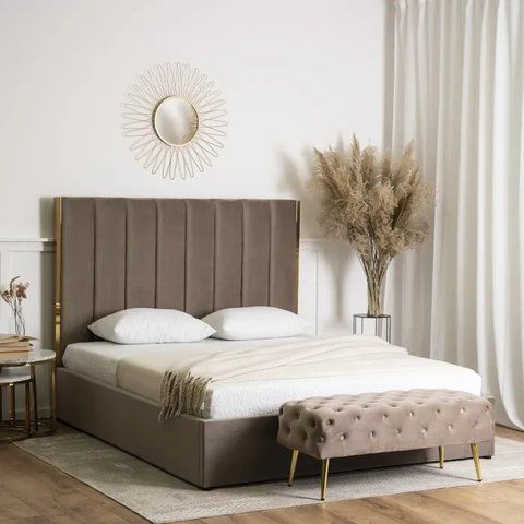 Ліжко двоспальне оксамитове MEBEL ELITE EMILIO Velvet 160x200 см Бежевий фотографія
