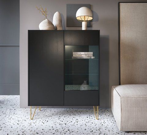 Вітрина Perfect Home Гармоні / Harmony 2-дверна з золотими ніжками WT97 Чорний/чорний мармур роял фотографія