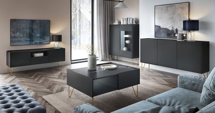 Комод Perfect Home Гармони / Harmony 3-дверний з золотими ніжками K144 Чорний/чорний мармур роял фотографія