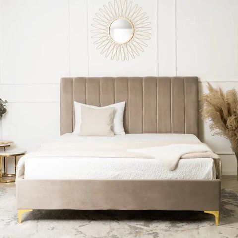 Ліжко двоспальне оксамитове MEBEL ELITE MARCELO Velvet 160x200 см Бежевий фотографія