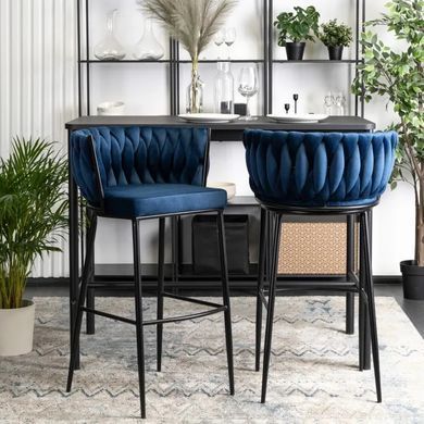 Барний стілець оксамитовий MEBEL ELITE FLORES Velvet темно-синій / чорний фотографія