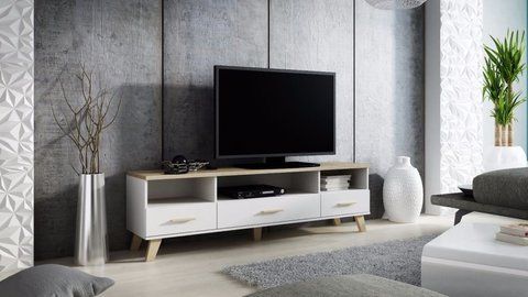 ТВ Тумба LOTTA 3S3K RTV Cama 180 Дуб Сонома / Білий Глянець фотографія