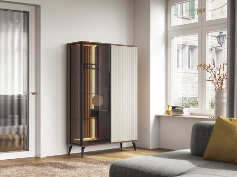 Витрина высокая с подсветкой Ланг/Lang 4-дверная 4D2W/100 Черный/дуб эвок Perfect Home Польша фотография