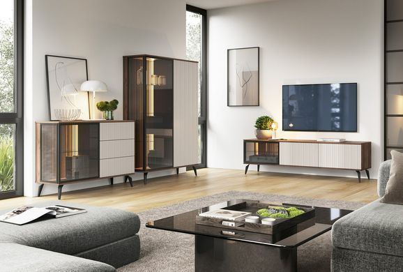 Витрина высокая с подсветкой Ланг/Lang 4-дверная 4D2W/100 Черный/дуб эвок Perfect Home Польша фотография