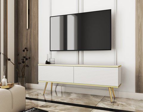 Тумба під телевізор Perfect Home Оро / Oro 2-дверна з золотими ніжками RTV135 MDF Білий фотографія