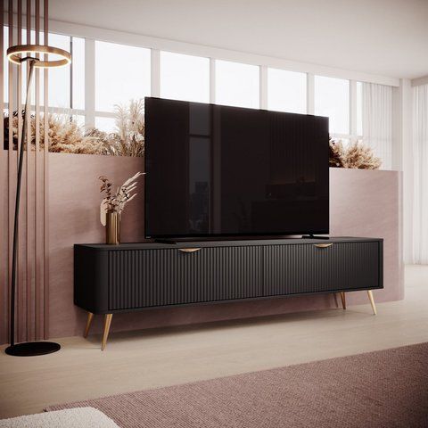 Тумба під телевізор Perfect Home Ланте / Lante 2-дверна з золотими ніжками 2D/200 Чорний фотографія