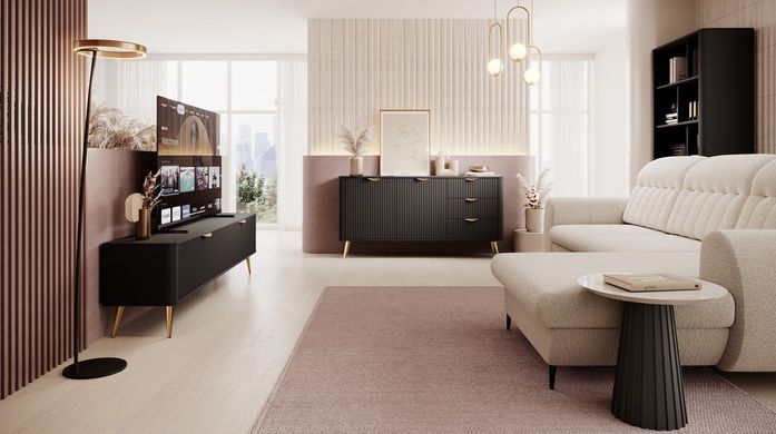 Тумба під телевізор Perfect Home Ланте / Lante 2-дверна з золотими ніжками 2D/200 Чорний фотографія