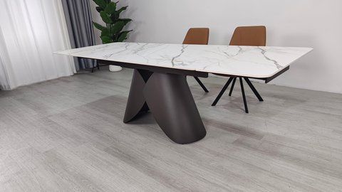 Стіл розкладний AGNES CERAMIC Intarsio 160(240)*90 білий позолочений мат/коричневий фотографія