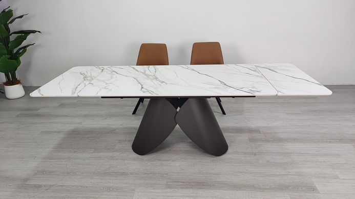 Стіл розкладний AGNES CERAMIC Intarsio 160(240)*90 білий позолочений мат/коричневий фотографія