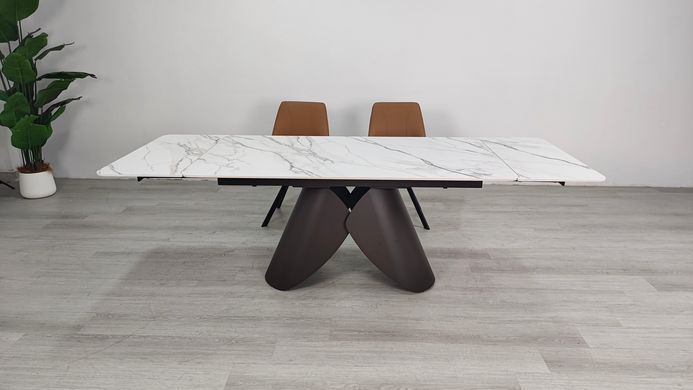 Стіл розкладний AGNES CERAMIC Intarsio 160(240)*90 білий позолочений мат/коричневий фотографія